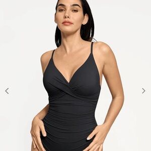 Black Ruched Swimsuit and Sarong by Popilush